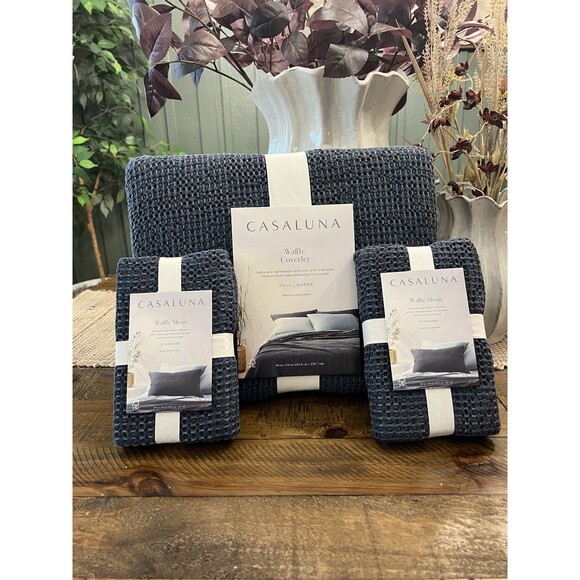 SET Full/Queen Textured Waffle Coverlet& 2 King Shams Dark Mineral Blue Casaluna - Picture 1 of 13